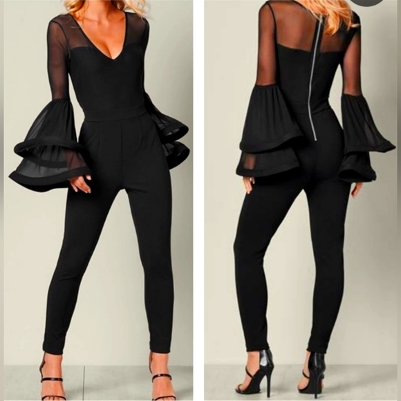 VENUS Pants - VENUS Black Sheer Sleeve Jumpsuit